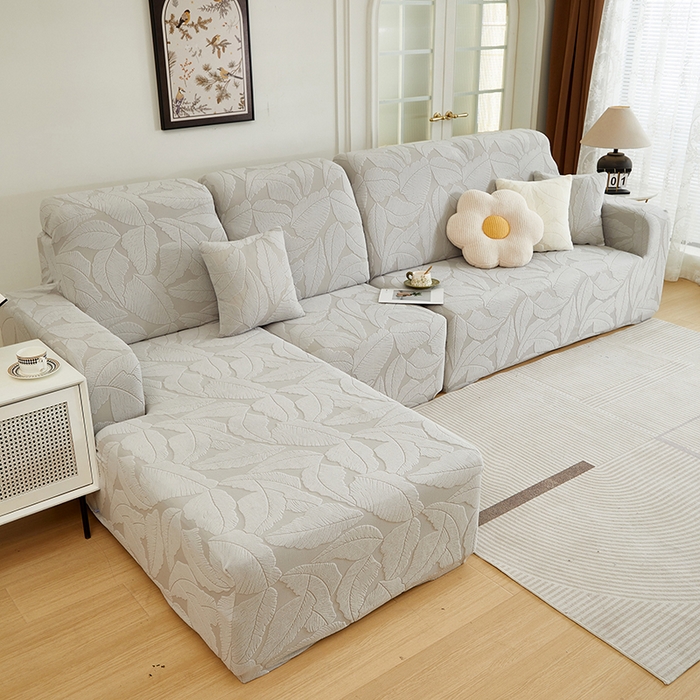 91家纺网 家纺一手货源 找家纺 丝绮鹿 2025新款富贵叶系列-沙发套松紧款（贵妃图） 浅灰