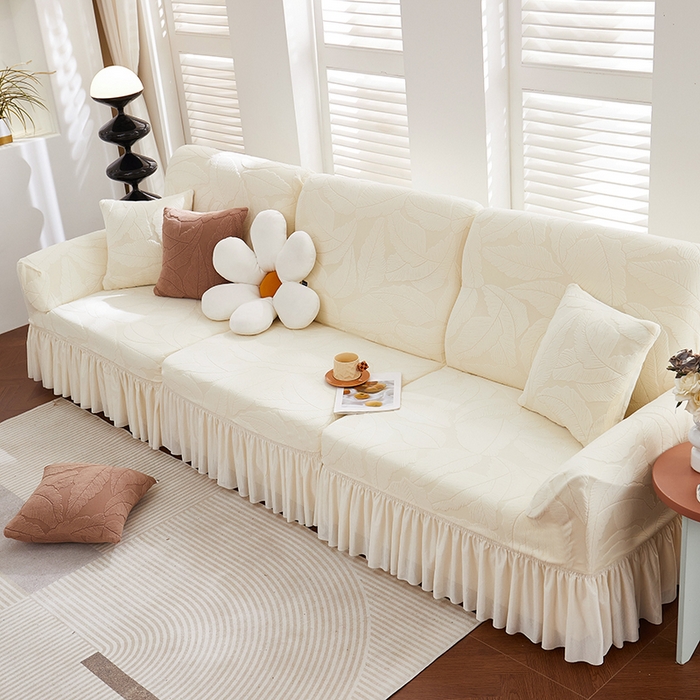 91家纺网 家纺一手货源 找家纺 丝绮鹿 2025新款富贵叶系列-沙发套裙边款 米白