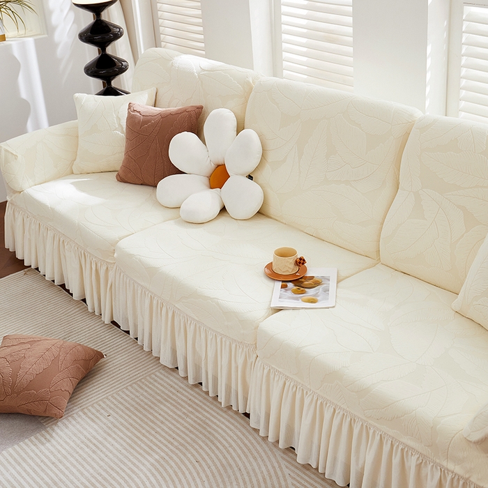 91家纺网 家纺一手货源 找家纺 丝绮鹿 2025新款富贵叶系列-沙发套裙边款 米白