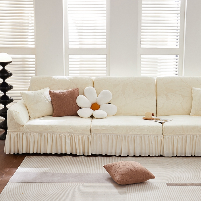 91家纺网 家纺一手货源 找家纺 丝绮鹿 2025新款富贵叶系列-沙发套裙边款 米白