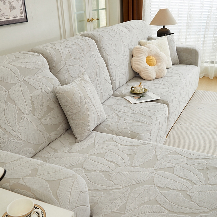 91家纺网 家纺一手货源 找家纺 丝绮鹿 2025新款富贵叶系列-沙发套松紧款（贵妃图） 浅灰