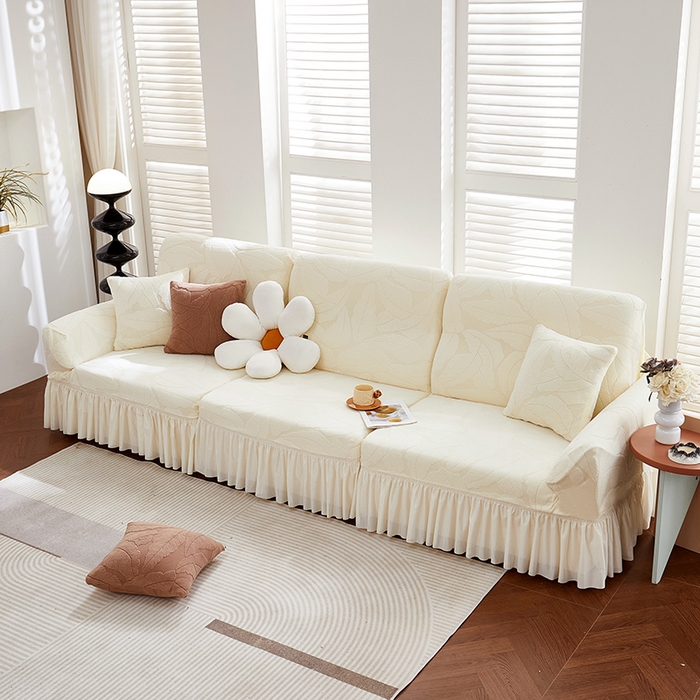 91家纺网 家纺一手货源 找家纺 丝绮鹿 2025新款富贵叶系列-沙发套裙边款 米白