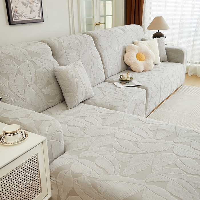 91家纺网 家纺一手货源 找家纺 丝绮鹿 2025新款富贵叶系列-沙发套松紧款（贵妃图） 浅灰