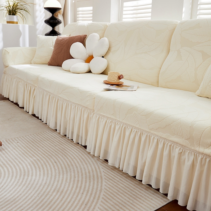 91家纺网 家纺一手货源 找家纺 丝绮鹿 2025新款富贵叶系列-沙发套裙边款 米白