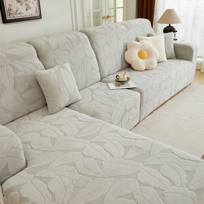 91家纺网 家纺一手货源 找家纺 丝绮鹿 2025新款富贵叶系列-沙发套松紧款（贵妃图） 浅灰