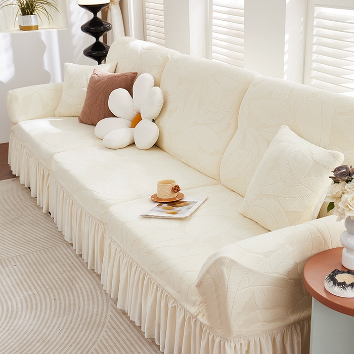 91家纺网 家纺一手货源 找家纺 丝绮鹿 2025新款富贵叶系列-沙发套裙边款 米白