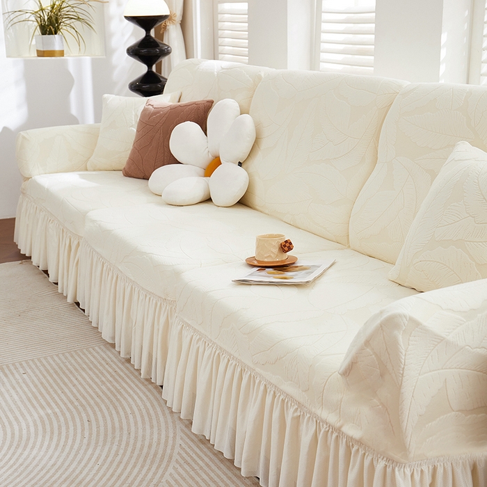 91家纺网 家纺一手货源 找家纺 丝绮鹿 2025新款富贵叶系列-沙发套裙边款 米白