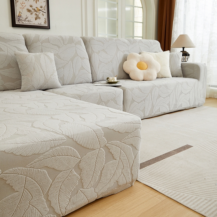 91家纺网 家纺一手货源 找家纺 丝绮鹿 2025新款富贵叶系列-沙发套松紧款（贵妃图） 浅灰