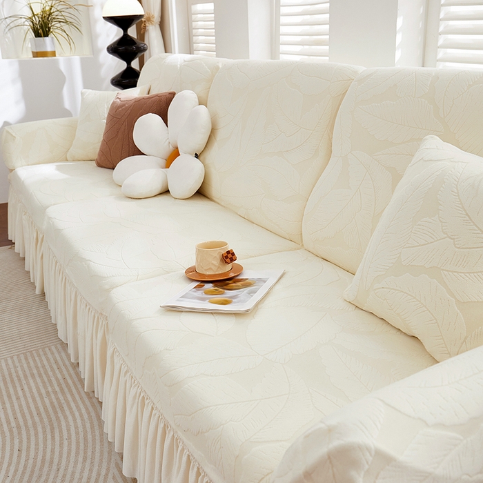 91家纺网 家纺一手货源 找家纺 丝绮鹿 2025新款富贵叶系列-沙发套裙边款 米白