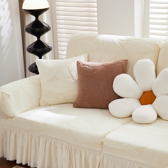 91家纺网 家纺一手货源 找家纺 丝绮鹿 2025新款富贵叶系列-沙发套裙边款 米白