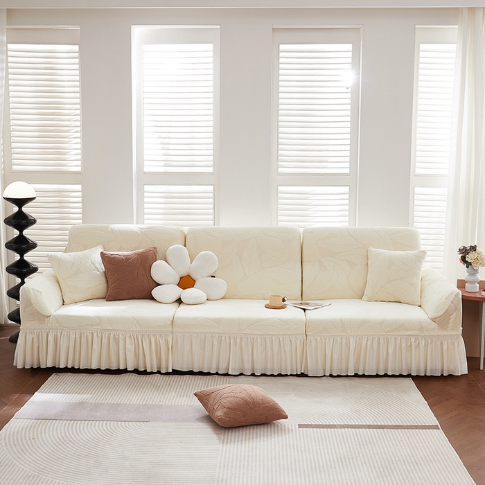 91家纺网 家纺一手货源 找家纺 丝绮鹿 2025新款富贵叶系列-沙发套裙边款 米白