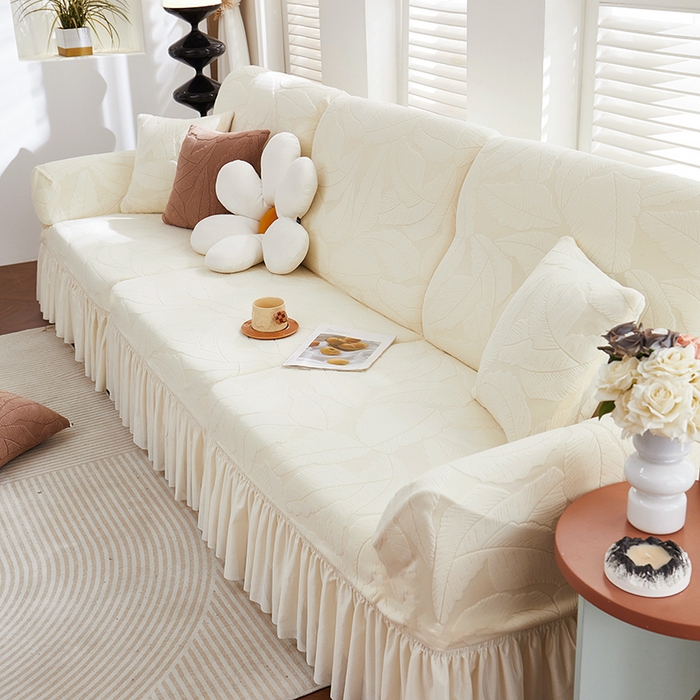 91家纺网 家纺一手货源 找家纺 丝绮鹿 2025新款富贵叶系列-沙发套裙边款 米白