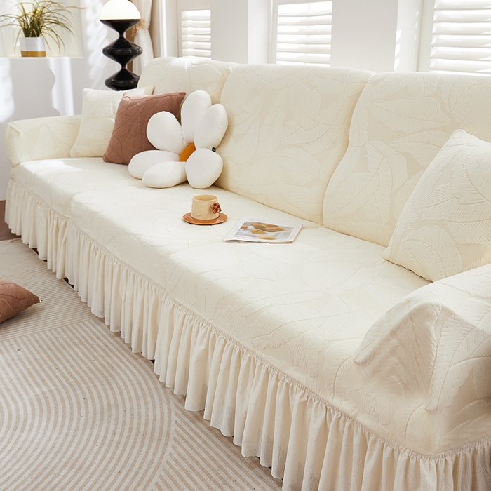 91家纺网 家纺一手货源 找家纺 丝绮鹿 2025新款富贵叶系列-沙发套裙边款 米白