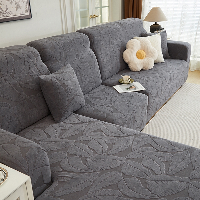91家纺网 家纺一手货源 找家纺 丝绮鹿 2025新款富贵叶系列-沙发套松紧款（贵妃图） 深灰