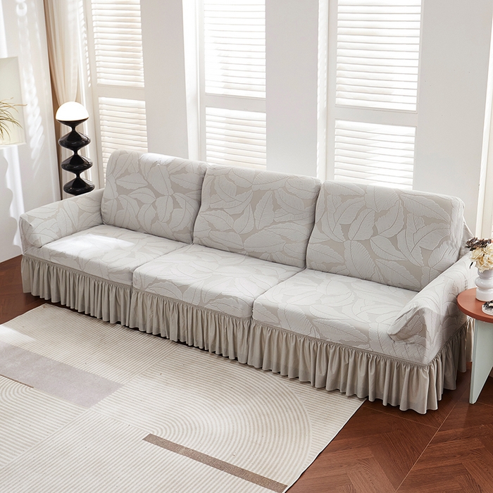 91家纺网 家纺一手货源 找家纺 丝绮鹿 2025新款富贵叶系列-沙发套裙边款 浅灰