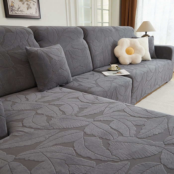 91家纺网 家纺一手货源 找家纺 丝绮鹿 2025新款富贵叶系列-沙发套松紧款（贵妃图） 深灰