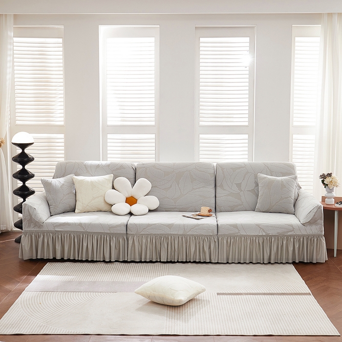 91家纺网 家纺一手货源 找家纺 丝绮鹿 2025新款富贵叶系列-沙发套裙边款 浅灰