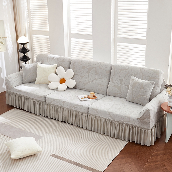 91家纺网 家纺一手货源 找家纺 丝绮鹿 2025新款富贵叶系列-沙发套裙边款 浅灰