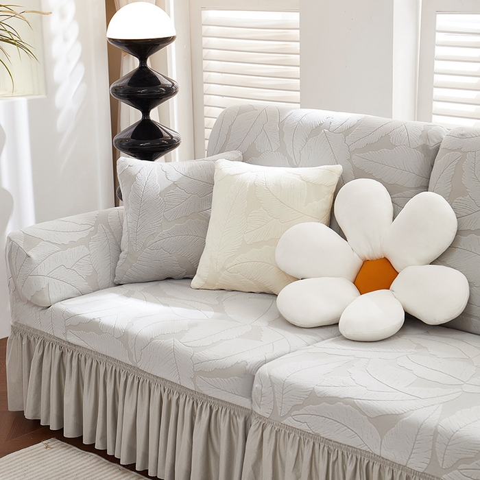 91家纺网 家纺一手货源 找家纺 丝绮鹿 2025新款富贵叶系列-沙发套裙边款 浅灰