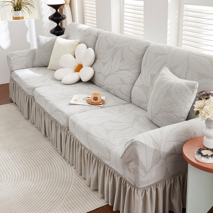 91家纺网 家纺一手货源 找家纺 丝绮鹿 2025新款富贵叶系列-沙发套裙边款 浅灰