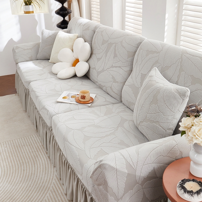 91家纺网 家纺一手货源 找家纺 丝绮鹿 2025新款富贵叶系列-沙发套裙边款 浅灰
