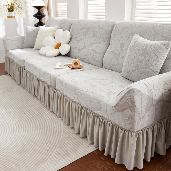 91家纺网 家纺一手货源 找家纺 丝绮鹿 2025新款富贵叶系列-沙发套裙边款 浅灰