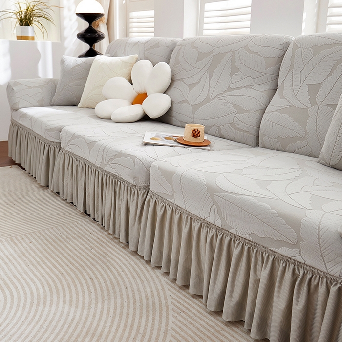 91家纺网 家纺一手货源 找家纺 丝绮鹿 2025新款富贵叶系列-沙发套裙边款 浅灰