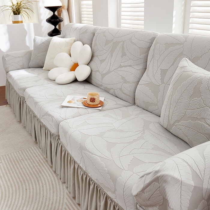 91家纺网 家纺一手货源 找家纺 丝绮鹿 2025新款富贵叶系列-沙发套裙边款 浅灰
