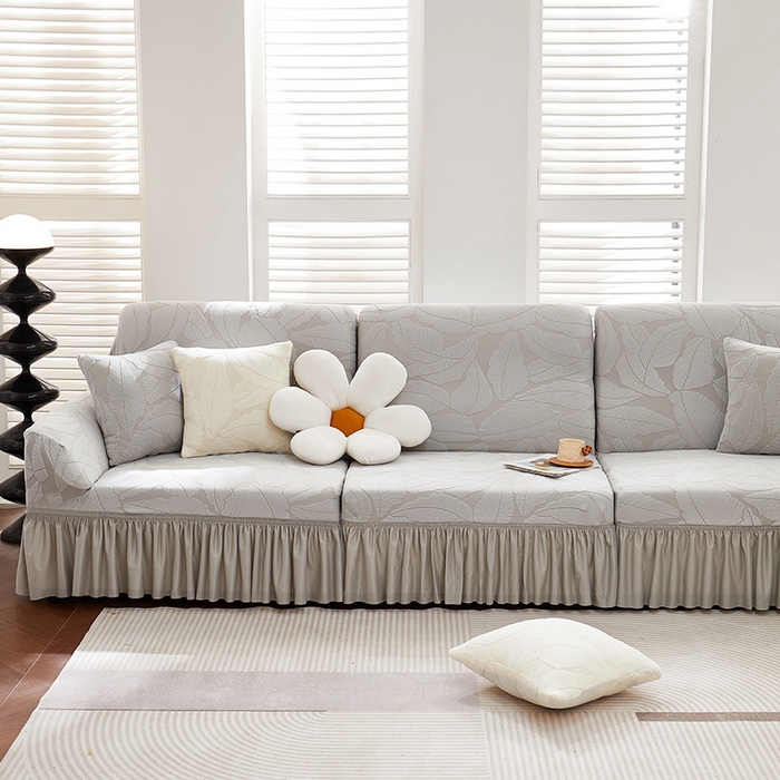 91家纺网 家纺一手货源 找家纺 丝绮鹿 2025新款富贵叶系列-沙发套裙边款 浅灰