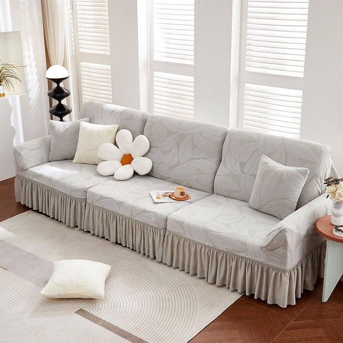 91家纺网 家纺一手货源 找家纺 丝绮鹿 2025新款富贵叶系列-沙发套裙边款 浅灰