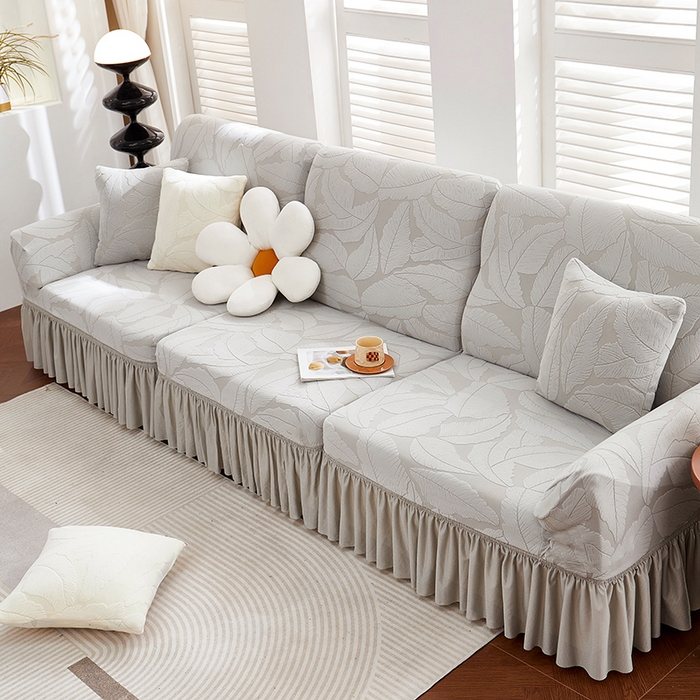 91家纺网 家纺一手货源 找家纺 丝绮鹿 2025新款富贵叶系列-沙发套裙边款 浅灰