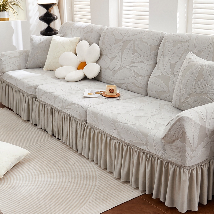 91家纺网 家纺一手货源 找家纺 丝绮鹿 2025新款富贵叶系列-沙发套裙边款 浅灰