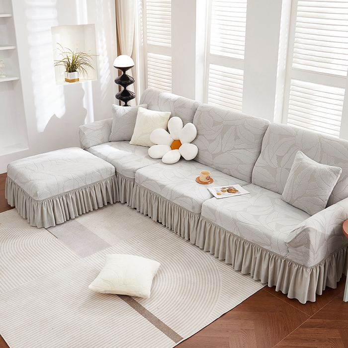 91家纺网 家纺一手货源 找家纺 丝绮鹿 2025新款富贵叶系列-沙发套裙边款 浅灰