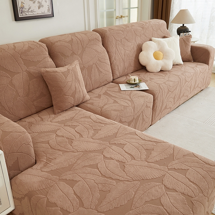 91家纺网 家纺一手货源 找家纺 丝绮鹿 2025新款富贵叶系列-沙发套松紧款（贵妃图） 时尚咖