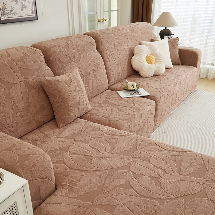 91家纺网 家纺一手货源 找家纺 丝绮鹿 2025新款富贵叶系列-沙发套松紧款（贵妃图） 时尚咖