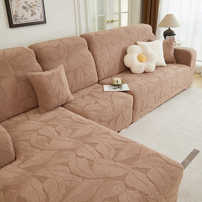 91家纺网 家纺一手货源 找家纺 丝绮鹿 2025新款富贵叶系列-沙发套松紧款（贵妃图） 时尚咖