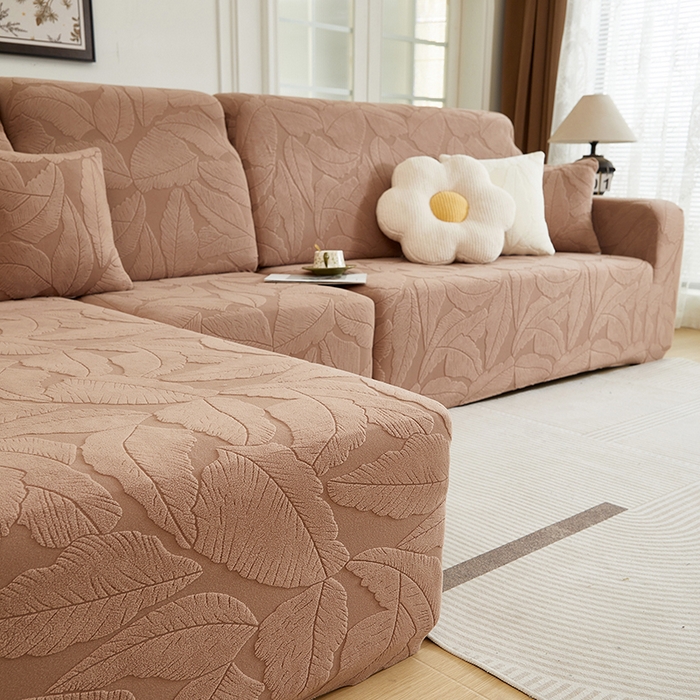 91家纺网 家纺一手货源 找家纺 丝绮鹿 2025新款富贵叶系列-沙发套松紧款（贵妃图） 时尚咖