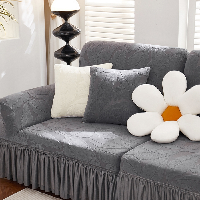 91家纺网 家纺一手货源 找家纺 丝绮鹿 2025新款富贵叶系列-沙发套裙边款 深灰