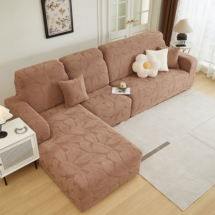 91家纺网 家纺一手货源 找家纺 丝绮鹿 2025新款富贵叶系列-沙发套松紧款（贵妃图） 时尚咖