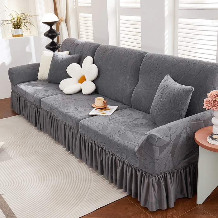 91家纺网 家纺一手货源 找家纺 丝绮鹿 2025新款富贵叶系列-沙发套裙边款 深灰