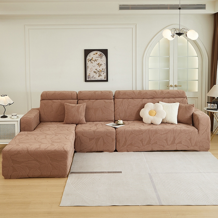 91家纺网 家纺一手货源 找家纺 丝绮鹿 2025新款富贵叶系列-沙发套松紧款（贵妃图） 时尚咖