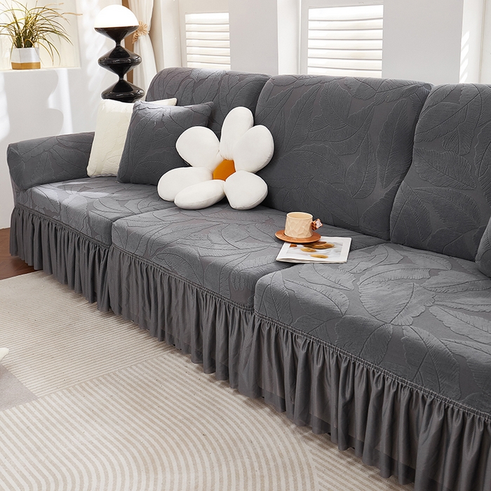 91家纺网 家纺一手货源 找家纺 丝绮鹿 2025新款富贵叶系列-沙发套裙边款 深灰