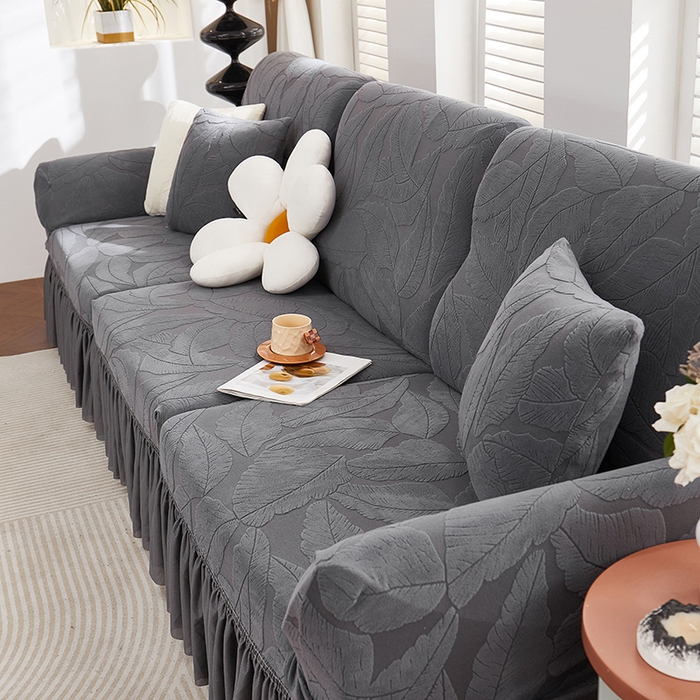 91家纺网 家纺一手货源 找家纺 丝绮鹿 2025新款富贵叶系列-沙发套裙边款 深灰