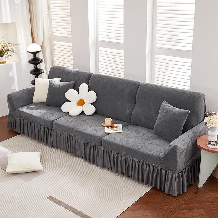 91家纺网 家纺一手货源 找家纺 丝绮鹿 2025新款富贵叶系列-沙发套裙边款 深灰