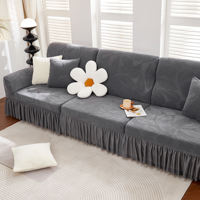 91家纺网 家纺一手货源 找家纺 丝绮鹿 2025新款富贵叶系列-沙发套裙边款 深灰