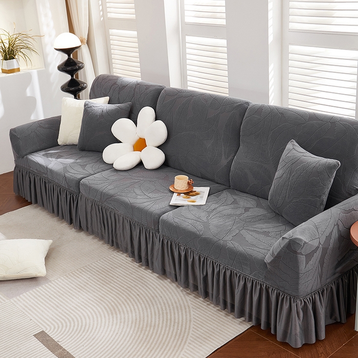 91家纺网 家纺一手货源 找家纺 丝绮鹿 2025新款富贵叶系列-沙发套裙边款 深灰