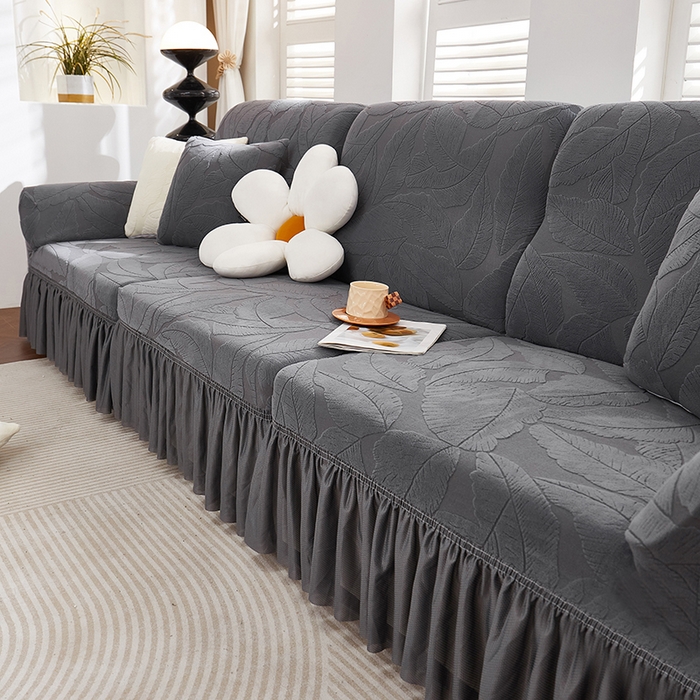 91家纺网 家纺一手货源 找家纺 丝绮鹿 2025新款富贵叶系列-沙发套裙边款 深灰