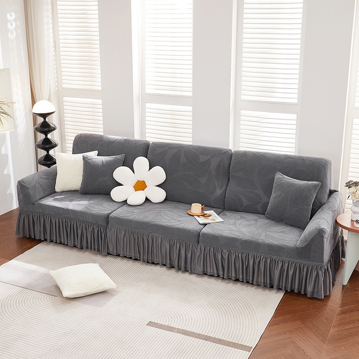 91家纺网 家纺一手货源 找家纺 丝绮鹿 2025新款富贵叶系列-沙发套裙边款 深灰