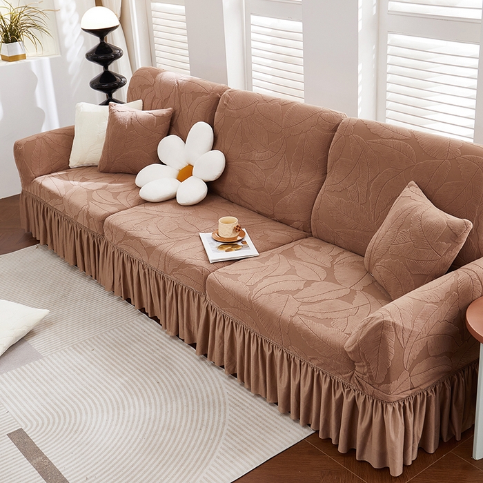 91家纺网 家纺一手货源 找家纺 丝绮鹿 2025新款富贵叶系列-沙发套裙边款 时尚咖