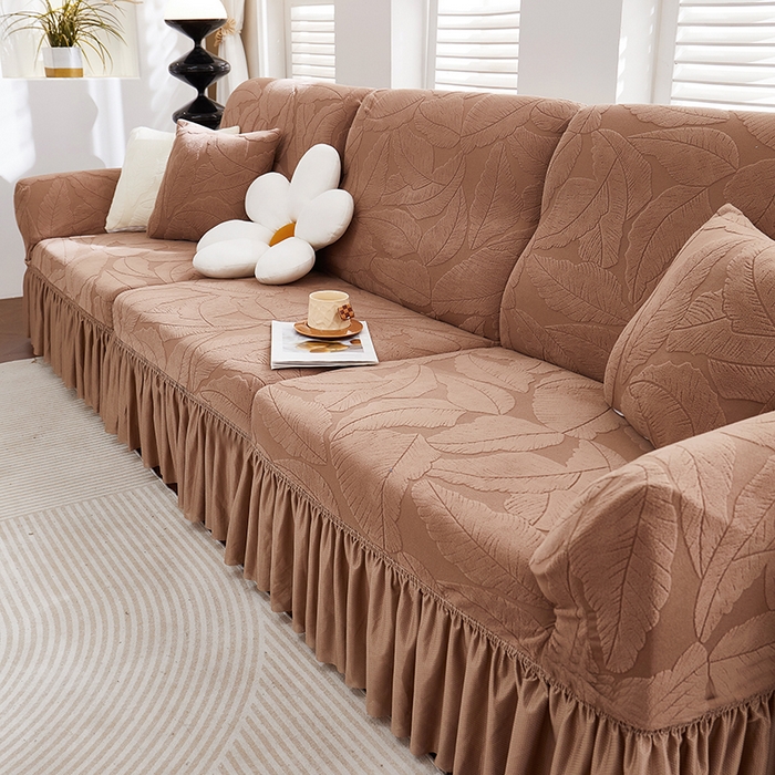 91家纺网 家纺一手货源 找家纺 丝绮鹿 2025新款富贵叶系列-沙发套裙边款 时尚咖